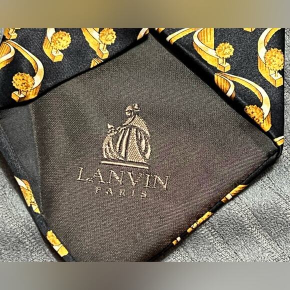 Pair of Authentic LANVIN Paris Paisley Design On Blue Gold 100% Silk Necktie Tie - Picture 3 of 11
